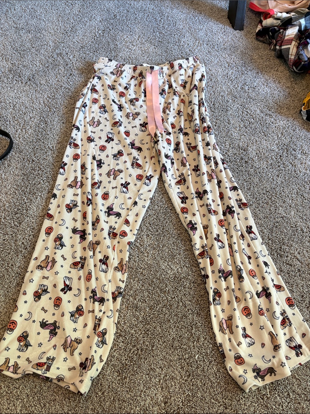 Cream Halloween Dog Print Pajama Pants with Pink Drawstring